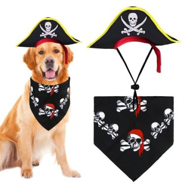 Imagem de GOYOSWA Fantasia de pirata de cachorro, fantasia de Dia das Bruxas, conjunto de chapéu de pirata e bandana roupas de férias para cães pequenos, médios e grandes (estilo B, grande)