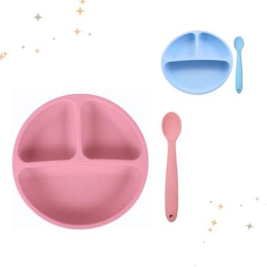 Imagem de Kit Prato Infantil Com 3 Divisórias De Silicone C/Colher Introdução Alimentar Moderno (Rosa)