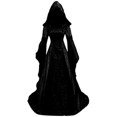 Imagem de Vestido medieval vitoriano para mulheres, fantasia vintage de bruxa renascentista irlandesa de veludo vampiro com capuz espartilho gótico cosplay vestido maxi com tema de baile de máscaras (preto, P)