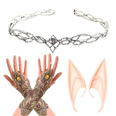 Imagem de JeVenis Chapéu de elfo renascentista preto com orelhas e luvas para festa de fantasia