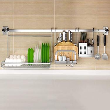 Imagem de Prateleira de escorredor de pratos montada na parede com barra de aço inoxidável 304, escorredor de pratos de grande capacidade com suporte de tábua de corte, suporte de utensílios e ganchos móveis