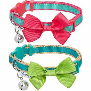 Imagem de Blueberry Pet Pacote com 2 coleiras de gato, clássico sólido ajustável Breakaway Cat Collar com sino e gravata borboleta, lagoa azul-petróleo, pescoço 22,8 cm a 33,0 cm