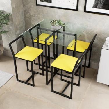 Imagem de Conjunto Mesa Vidro 4 Cadeiras Pequena Estofado Industrial Black (AMARELO)