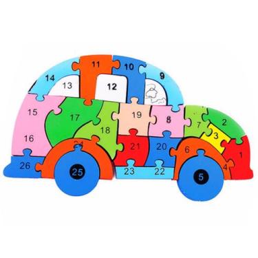 Imagem de Quebra Cabeça Carrinho Educativo Colorido Letras Números Mdf - Toymix,