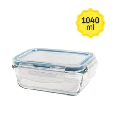Imagem de Pote de Vidro Marmita Mantimentos Retangular Tampa Hermética 1040ml Em
