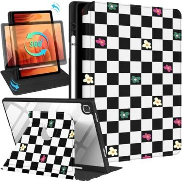 Imagem de Kidcube Capa para Samsung Galaxy Tab A7 - 26 cm para mulheres e meninas, capa fólio fofa com suporte para lápis feminino, design xadrez preto, suporte giratório para adolescentes para tablet Galaxy