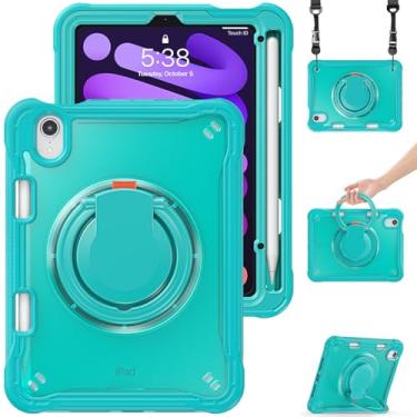 Imagem de Dteck Capa protetora para iPad Mini (A17 Pro/A15 Bionic) 7/6ª geração 8,3 polegadas (2024/2021), capa protetora traseira com suporte/alça, suporte de lápis/alça de ombro, capa portátil leve, azul