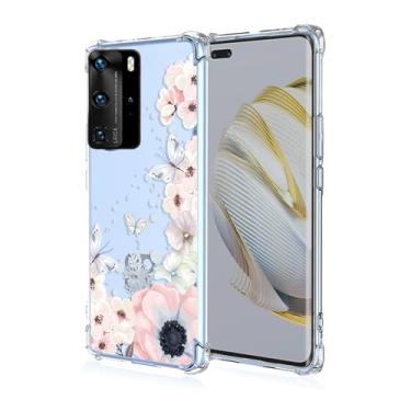 Imagem de RRXSYXL Capa para celular Huawei P40 Pro com estampa floral e borboletas transparentes, proteção à prova de choque, capa de TPU macio para Huawei P40 Pro (flores rosa/borboletas)