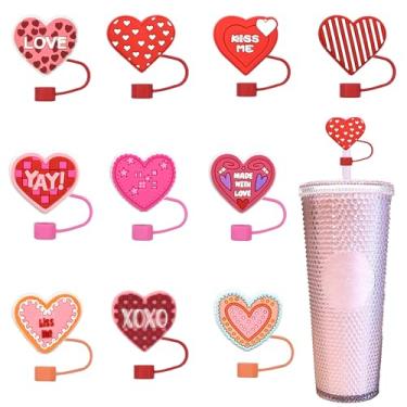 Imagem de 10 pçs tampa de palha dia dos namorados capas de palha coração silicone topos de palha decorações de cobertura de canudo bonito decoração de coração dos namorados design de palha reutilizável pontas