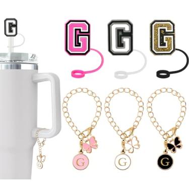 Imagem de (3 +3) Capa de canudo Nuozme compatível com copo Stanley Tumbler 3 peças de tampas de palha com 3 pingentes de borboleta inicial Nome ID para Stanley Copo de 30 e 1,134 g (capa de canudo de 3 letras,