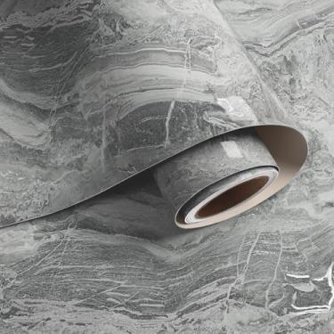 Imagem de VaryPaper Papel de contato de mármore cinza prateado brilhante para bancadas, à prova d'água, papel de parede de vinil de mármore para armários, mesa, mesa, papel de parede de granito autoadesivo