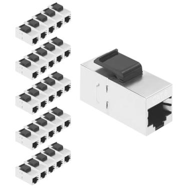 Imagem de VCE Acoplador em linha blindado RJ45 CAT6, pacote com 25, conector Keystone fêmea para fêmea CAT 6 conector modular 8P8C CAT5E com trava Keystone, prata