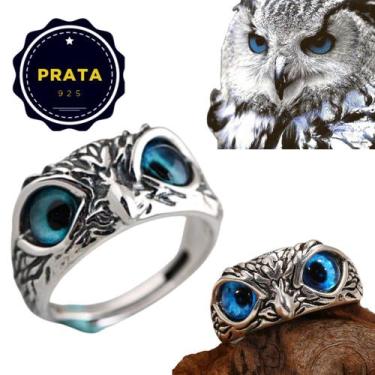Imagem de Anel Prata 925 Coruja Olho Azul Ajustável - PJK STORE
