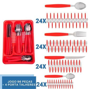Imagem de Faqueiro 96 Pçs C/ 4 Porta Talheres Vermelho Aço Inox Berlim - EM CASA