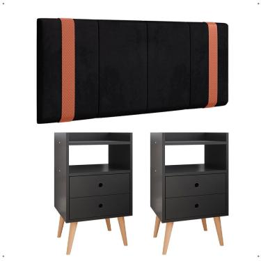 Imagem de Kit Quarto 2 Mesas Cabeceira Retrô Gavetas Nicho Painel Suspenso Cama Box Casal 1,40 Preto Suede - Lojas RPM