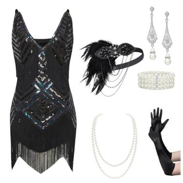 Imagem de BABEYOND Vestido feminino estilo melindrosa anos 1920, plus size, gola V, sem fecho, vestido de festa dos anos 20, Conjunto - Preto, 4X-Large Plus