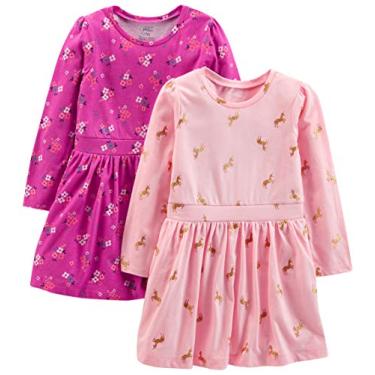Imagem de Simple Joys by Carter's Pacote com 2 vestidos canelados elásticos para meninas, Unicórnio blush/floral rosa escuro, 4 Anos