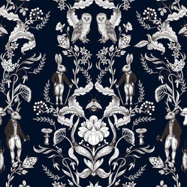Imagem de Livelynine Papel de parede preto e branco William Morris Peel and Stick Boho coruja e coelho animal papel de parede adesivo pré-colado 17,5 x 78,8