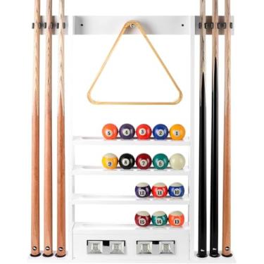 Imagem de HMQQ Suporte de parede 2 em 1 para tacos de sinuca e contadores de pontuação, comporta 6 bastões de sinuca, um conjunto completo de bolas e acessórios para billairds, suporte de parede de madeira 100%