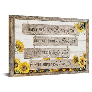Imagem de KREATIVE ARTS Praise God, Seek God, Worship God, Trust God Prayer Quote Canvas Wall Art 61 x 91 cm Tipografia motivacional religiosa citações cristãs com design de girassol pronto para pendurar