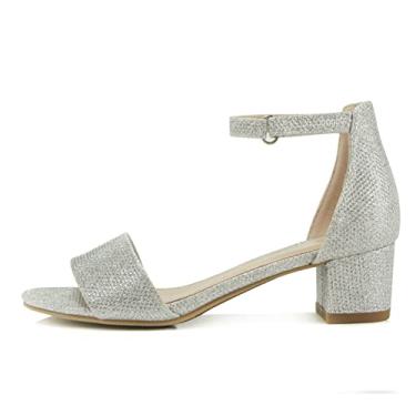 Imagem de SODA Sandálias modernas infantis KICK-2 de banda larga confortável com tira de tornozelo de veludo com salto bloco e costas contrastantes, Brilho prateado, 4 Big Kid