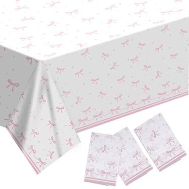 Imagem de 3 peças de toalha de mesa com laço rosa, toalhas de mesa retangulares de plástico, decorações de festa de aniversário, à prova d'água, com laço fofo, decoração de corredor de mesa para chá de bebê,