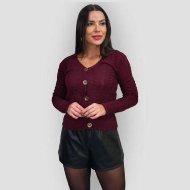 Imagem de Blusa Tricô Feminina Cardigan Trançado Botão Suéter Gola V - GIP, Bord