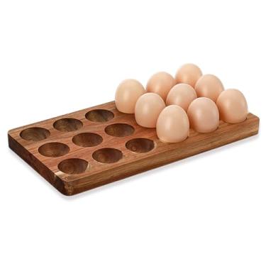 Imagem de Suporte de madeira para ovos de acácia, bandeja de ovos rústica para 36, armazenamento de ovos de fazenda de bancada, pratos de ovos cozidos, organizador de cozinha ou geladeira, fácil de limpar,