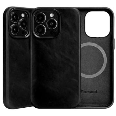 Imagem de Rumwot Capa de couro para iPhone 13 Pro, couro genuíno vintage com cera de óleo, compatível com MagSafe e carregamento sem fio, bisel de câmera com botões de metal, ajuste ultrafino (preto, 13 Pro)