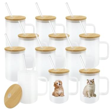 Imagem de YOUKE OLA Pacote com 12 copos de vidro de sublimação com alça de sublimação fosca em branco copos de lata de cerveja com tampa de bambu e canudo para prensa térmica 473 ml