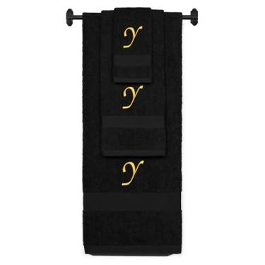 Imagem de Toalha de banho de algodão felpudo bordada personalizada, conjunto de toalha de mão e toalha de banho - conjunto de toalhas pretas, ouro Chancery inicial Y