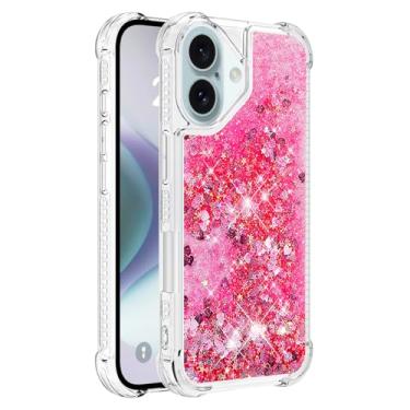 Imagem de Capa de telefone à prova de choque para iPhone 16 com glitter líquido de areia movediça e corações flutuantes, capa de TPU de camada dupla reforçada com 4 cantos, protetor de telefone seguro