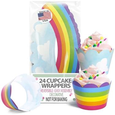 Imagem de Envoltórios de cupcake - Decorações de casamento e chá de bebê com céu azul arco-íris, nuvem de doces, festa de aniversário de princesa de unicórnio mágico, gênero colorido, envoltórios de sobremesa