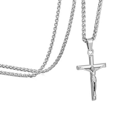 Imagem de Colar de cruz de Jesus para homens e mulheres, colar masculino Speroto prata e ouro com pingente de cruz de Jesus esculpido e corrente de trigo, colar de cruz para mulheres, joia simples presente para