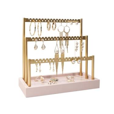 Imagem de SANY DAYO HOME Suporte organizador de brincos de 3 camadas, suporte de brinco de metal dourado de 105 furos, árvore de exibição de joias com bandeja de madeira rosa para mulheres e meninas