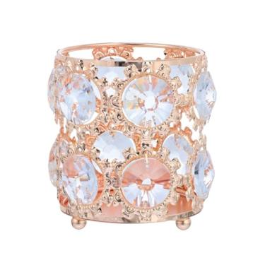 Imagem de Beaupretty Suporte de pincéis de maquiagem com strass para cristal, pincéis de maquiagem, porta-canetas, porta-lápis de sobrancelha, decoração de bancada 9,5 x 9,5 cm (dourado)