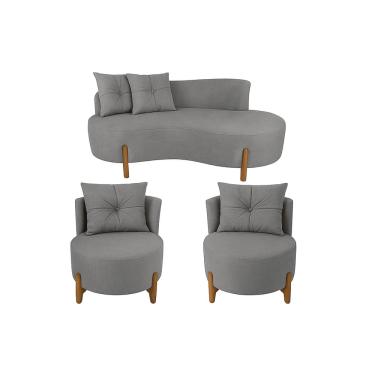 Imagem de Conjunto 2 Poltronas + Sofá Curvo Orgânico Boucle Cinza - Montanaris Decor
