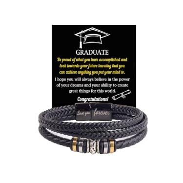 Imagem de Presentes de formatura para ele, To My Son Pulseira From Mom Love You Forever Linked Together Pulseira de couro para pós-graduação, Medium, Liga de aço Couro, Sem Pedra Preciosa