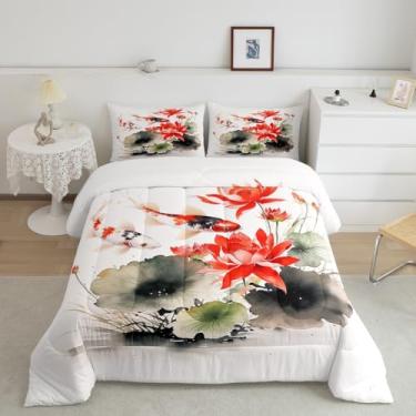 Imagem de Homewish Conjunto de edredom King com estampa de carpa koi, flor de lótus, estilo chinês, pintura em aquarela, arte, natureza, animais, planta, vermelho, branco, adulto, 2 fronhas