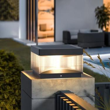 Imagem de CUTPOIY Luzes solares de metal e vidro movidas a energia solar, luzes de poste ao ar livre, IP65, tampas de coluna, à prova d'água, luzes modernas, baralho, paisagem, pilar, lâmpadas, LED solar, 30 cm