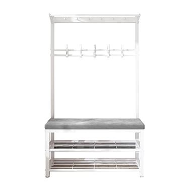 Imagem de TDFXZCSW Suporte para roupas resistentes, cabideiro com banco de sapatos, sapateira de entrada, árvore de corredor 3 em 1 com armazenamento de sapatos, cabide com assento para porta da frente, entrada