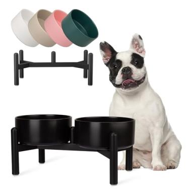 Imagem de Conjunto de tigelas elevadas de cerâmica para cães - Pratos duplos elevados com suporte de aço inoxidável - Tigelas de comida e água para cães pequenos a médios - cada uma comporta 2 xícaras (850 ml