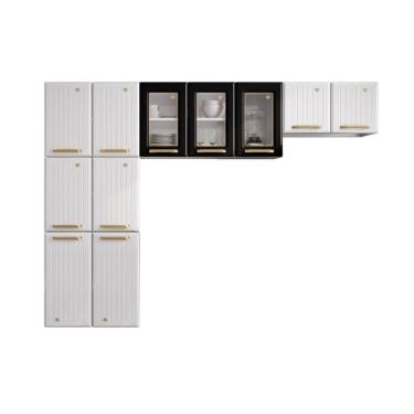 Imagem de Cozinha Compacta Aço 3 Peças Com Vidros Armários Aéreos E Paneleiro Multimóveis Cr20368 Branco-preto