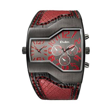 Imagem de ShoppeWatch Relógio masculino exclusivo, mostrador grande, mostrador duplo, pulseira de couro com movimento de quartzo | Relógio de rosto grande para homens | Relógio social grande | Vermelho OM-169,