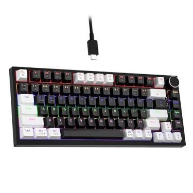 Imagem de Newmen GM326 Teclado mecânico com fio, 75% mini teclado mecânico para jogos alternável a quente com botão, teclado compacto anti-fantasma de 82 teclas para PC Win Mac, branco/preto, vermelho