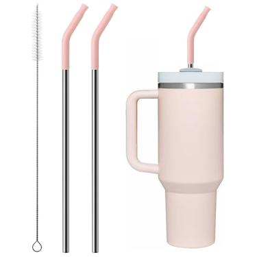 Imagem de Bluwing Canudo de metal com ponta de silicone para copo Stanley de 850 g, 2 peças de substituição de canudos de aço inoxidável para Stanley Copo de viagem Adventure Quencher de 850 g, 1 pincel de