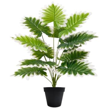 Imagem de Planta de folha de palmeira artificial, decoração de casa, plantas artificiais verdes e brancas falsas, bonsai simulado, decoração em vaso, quarto, festa, casamento, chão de escritório (branco (sem