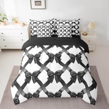 Imagem de Feelyou Conjunto de cama solteiro Coquette Bows, 7 peças, lençol com laço preto e branco opaco em uma bolsa com edredom, lençóis, fronhas para meninos e adolescentes, conjunto de cama com laço de