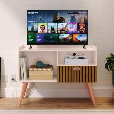 Imagem de Rack Bancada Star Estante Home TV 32 Polegadas Prateleira Organizadora Porta Basculante Nicho Multiuso Decoração Ambiente Sala Estar Quarto Retrô - Loja Inova BR (Off White/Ripado)