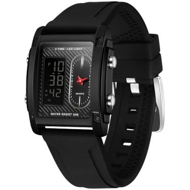 Imagem de findtime Relógios masculinos retangulares legais com relógio esportivo de designer exclusivo analógico digital duplo, Preto, Casual